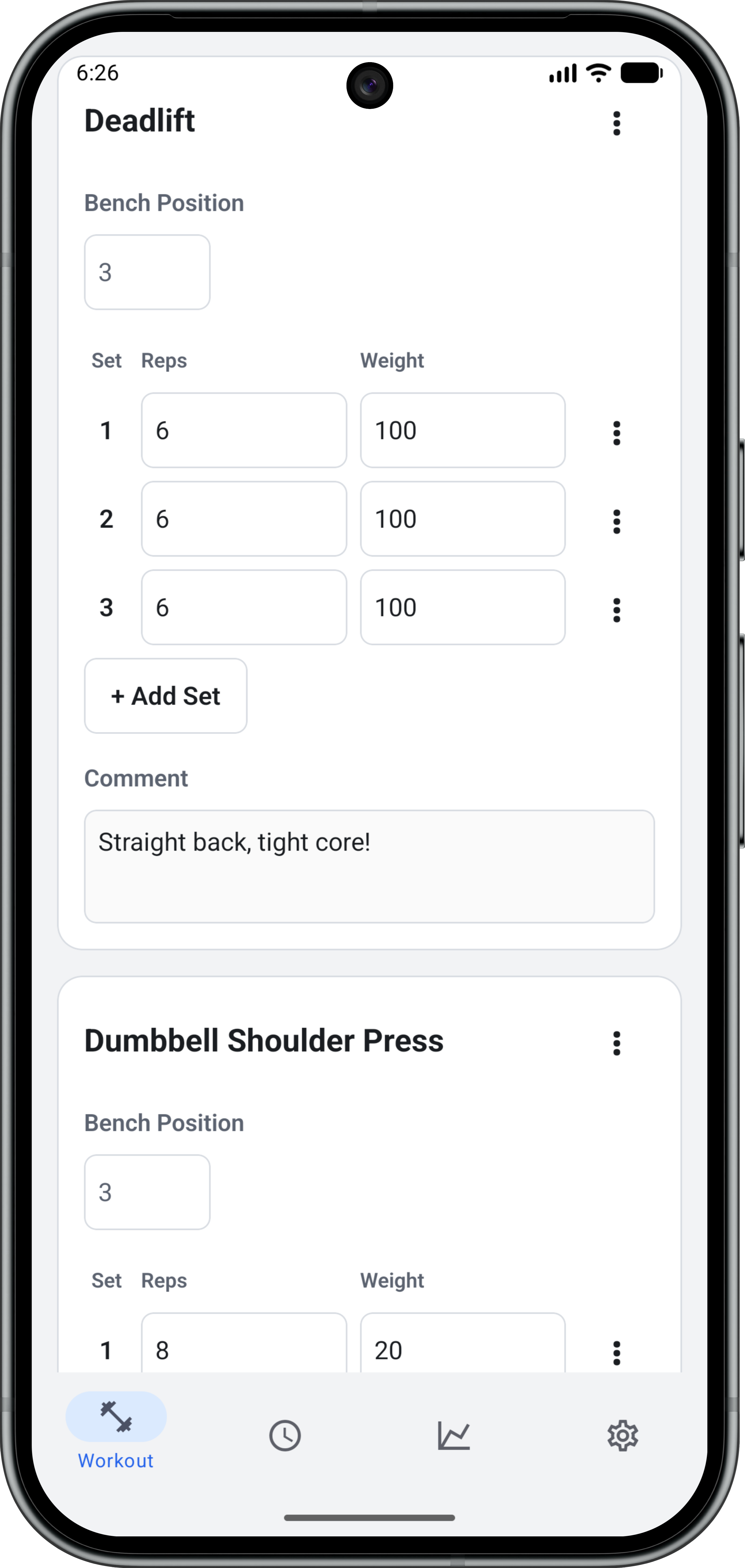 Log workout screen, lower section placeholder