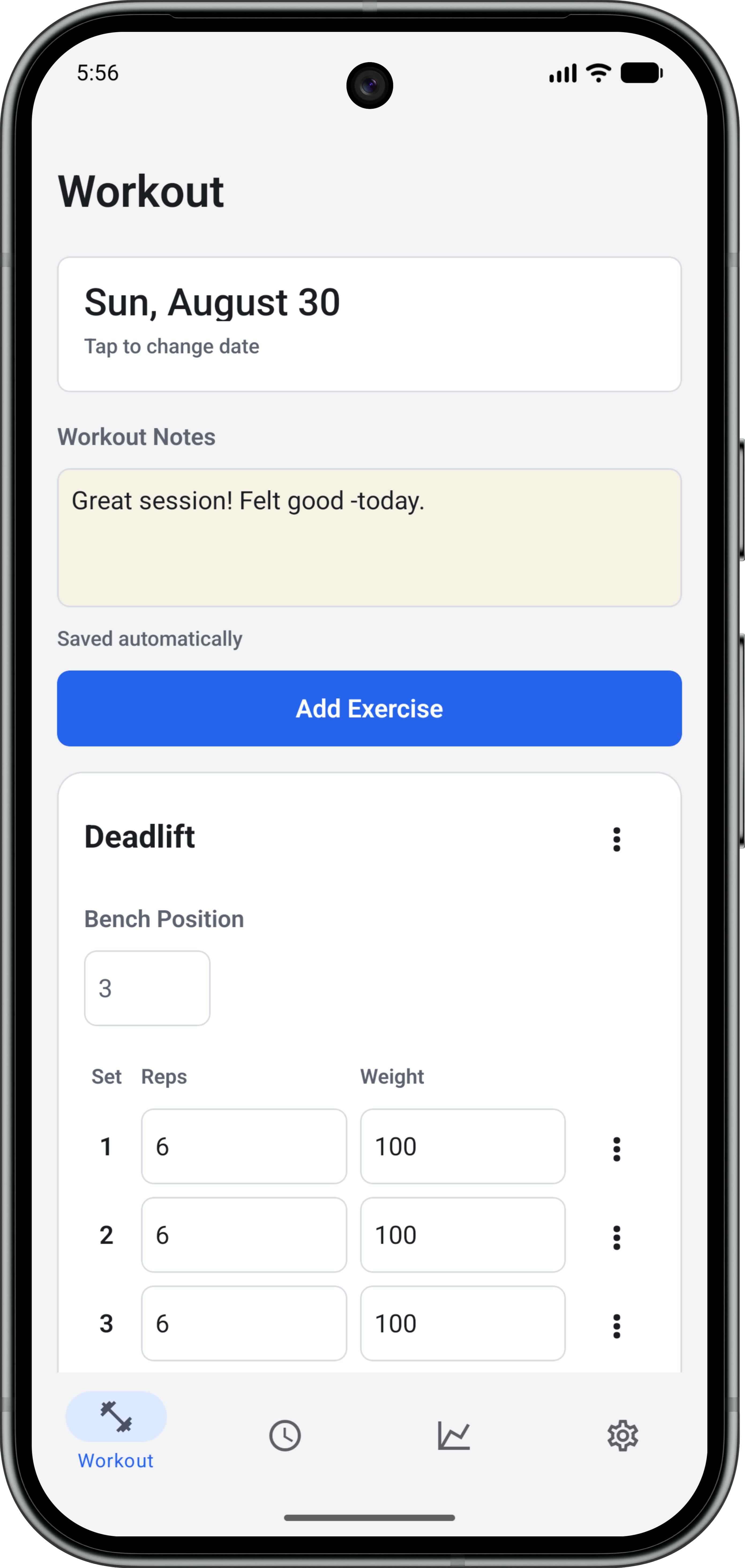 Log workout screen placeholder
